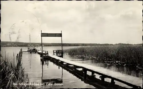 Ak Bad Saarow in der Mark, Scharmützelsee bei Café Dorsch, Steg, Boot