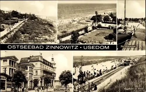 Ak Ostseebad Zinnowitz auf Usedom, Achterwasser, Strand, Promenade der Völkerfreundschaft