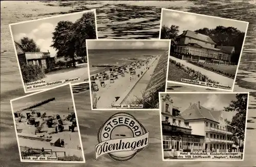 Ak Ostseebad Nienhagen in Mecklenburg, Strand, Steilufer, Strandhalle, Hotel Waldschloß