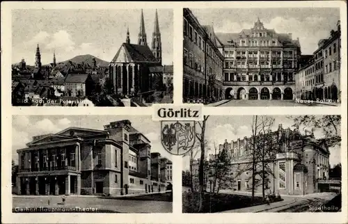Ak Görlitz in der Lausitz, Neues Rathaus, Wappen, Peterskirche, Stadthalle, Theater