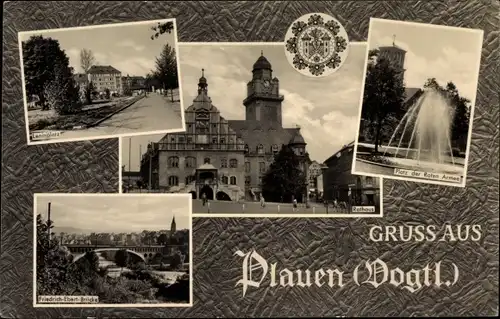 Ak Plauen im Vogtland, Platz der Roten Armee, Rathaus, Wappen, Leninplatz, Friedrich-Ebert-Brücke