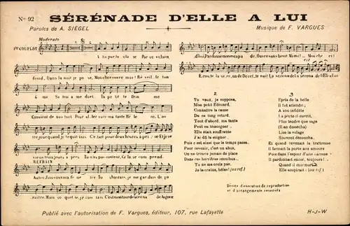 Lied Ak Serenade von Elle bis Lui, Siegel, Vargues