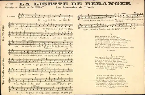 Lied Ak La Lisette von Beranger, Les Souvenirs de Lisette, Berat