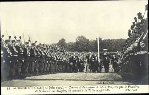 Ak Alphonse XIII. in Paris, Courses d'Auteuile, König, Präsident