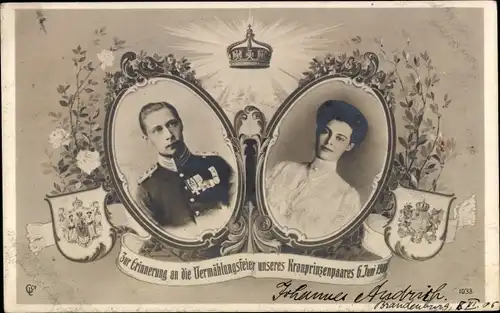 Ak Zur Erinnerung an die Vermählungsfeier des Kronprinzenpaares, Kronprinz Wilhelm mit Gemahlin