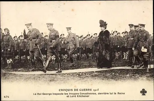 Ak Coquis de Guerre 1915, König George inspiziert kanadische Truppen, Königin, Lord Kitchener