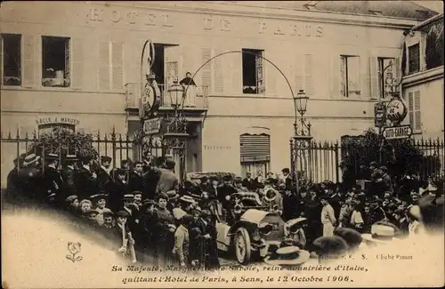 Ak Ihre Majestät Marguerite von Savoyen, Königinwitwe von Italien, verlässt das Hotel de Paris, 1906