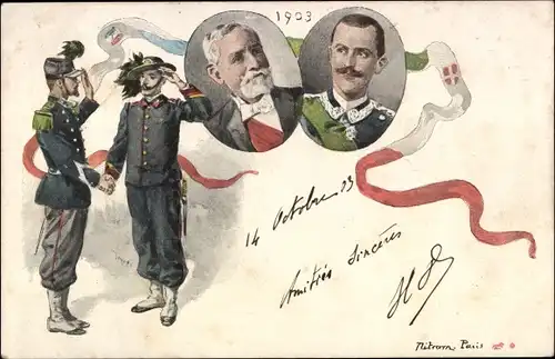 Künstler Ak Italienisch Französischer Zweibund, Soldaten beider Nationen schütteln Hände, 1903