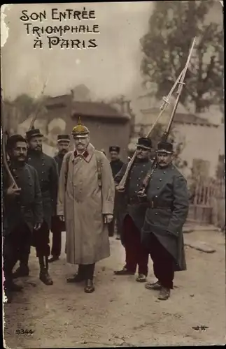 Ak Einzug in Paris, Französische Soldaten in Uniformen, Kaiserlicher Heerführer