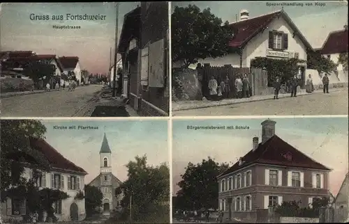 Ak Fortschwihr Fortschweier Elsass Haut Rhin, Spezereihandlung, Bürgermeisteramt, Kirche