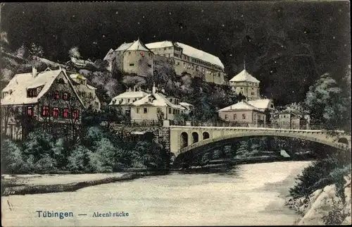 Ak Tübingen am Neckar, Aleenbrücke bei Nacht