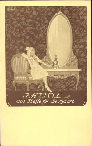 Ak Javol Kosmetik - das Beste für die Haare, Frau am Kosmetiktisch, Reklame