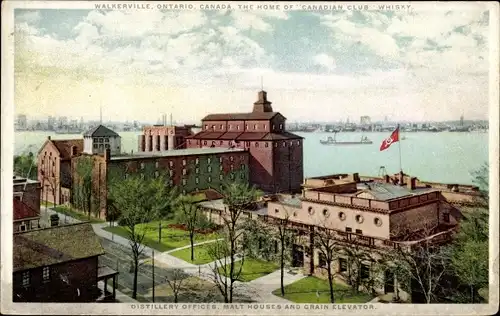 Ak Walkerville Windsor Ontario Kanada, die Heimat des Canadian Club Whisky, Büros der Brennerei