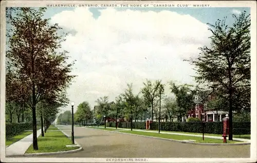 Ak Walkerville Windsor Ontario Kanada, die Heimat des Canadian Club Whisky, Devonshire Road
