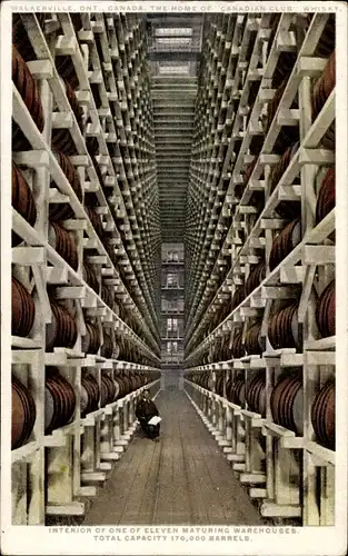 Ak Walkerville Windsor Ontario Kanada, die Heimat des Canadian Club Whisky, Reifelager