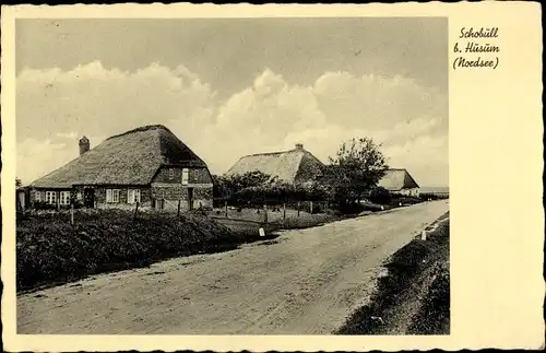 Ak Schobüll Husum in Nordfriesland, Straßenpartie, Häuser mit Reetdächern
