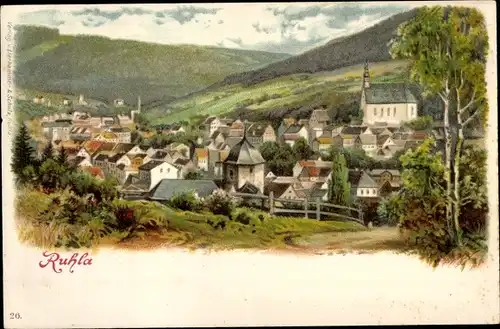 Litho Ruhla in Westthüringen, Blick auf den Ort, Kirche, Berge, Felder