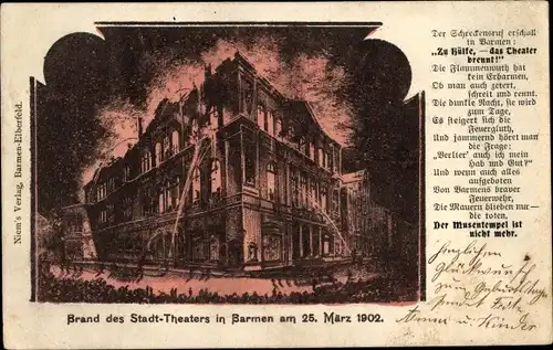 Ak Barmen Wuppertal in Nordrhein Westfalen, Brand des Stadttheaters 1902