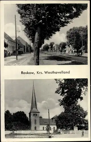 Ak Roskow in der Mark, Dorfstraße, Kirche, Kriegerdenkmal