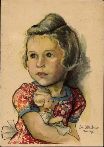 Künstler Ak Oldenburg Wittig, Lotte, Blondes Mädchen mit Puppe