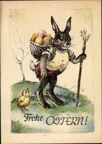 Ak Glückwunsch Ostern, Vermenschlichter Osterhase mit Ostereiern, Küken