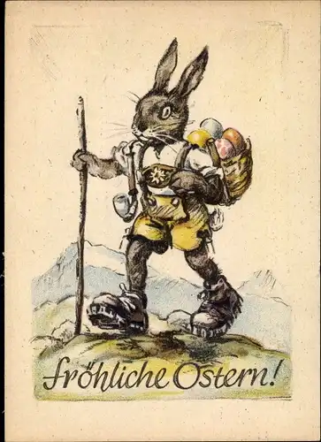 Ak Glückwunsch Ostern, Vermenschlichter Osterhase mit Ostereiern, Lederhose