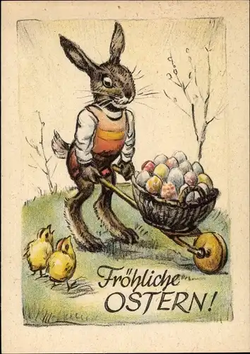 Ak Glückwunsch Ostern, Vermenschlichter Osterhase mit Ostereiern, Schubkarre, Küken