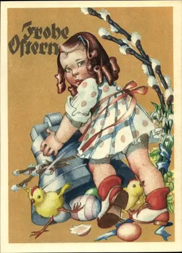 Ak Glückwunsch Ostern, Mädchen mit Ostereiern und Weidenkätzchen, Küken, Glocke