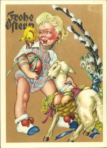 Ak Glückwunsch Ostern, Junge mit Ostereiern und Weidenkätzchen, Küken, Lamm
