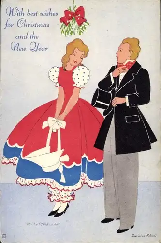 Künstler Ak Schermelé, Willy, Glückwunsch Weihnachten, Neujahr, Frau steht unter einem Mistelzweig