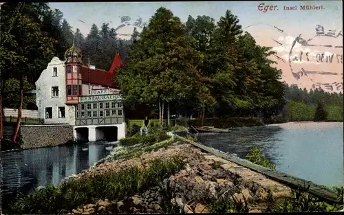 Ak Cheb Eger Reg. Karlsbad, Insel Mühlerl, Cafe Restauration