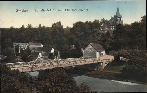 Ak Zwickau in Sachsen, Paradiesbrücke, Ebertschlösschen