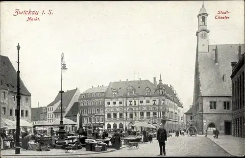 Ak Zwickau in Sachsen, Markt, Stadt-Theater