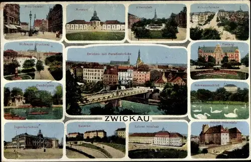 Ak Zwickau in Sachsen, Sicht auf Albertplatz, Museum, Ingenieurschule, Kaserne, Postamt