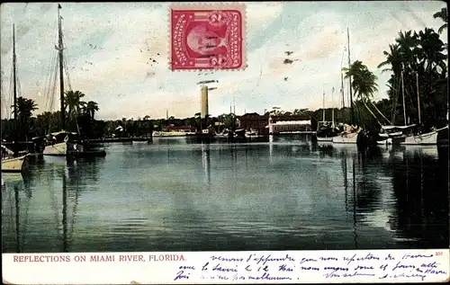 Ak Miami Beach Florida USA, Reflections on Miami River