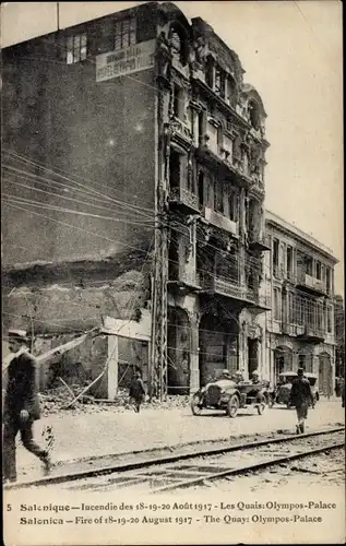 Ak Saloniki Thessaloniki Griechenland, Brand im Jahr 1917, The Quays, Olympos-Palast
