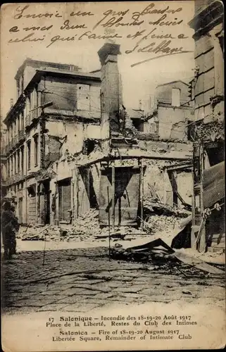 Ak Thessaloniki Saloniki Griechenland, Brand der Stadt 1917, Freiheitsplatz