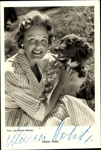 Ak Schauspielerin Maria Holst, Portrait mit Hund, UFA Film, Autogramm