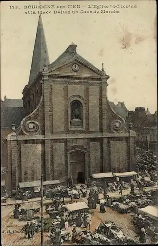 Postkarte Boulogne sur Mer Pas de Calais, St-Nicolas-Kirche, Place Dalton, Markt