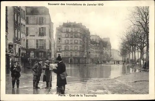 Postkarte Paris V Panthéon, Quai de la Tournelle, Große Seineflut Januar 1910