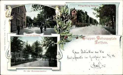 Ak Zeithain in Sachsen, Truppenübungsplatz, König Georg Straße, Fabrice Straße, Kommandantur
