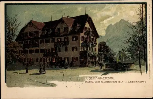 Litho Oberammergau in Oberbayern, Hotel Wittelsbacher Hof, Laberköpfl