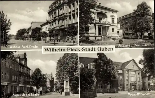 Ak Guben in der Niederlausitz, Wilhelm Pieck Straße, August Bebel Straße, Poliklinik, Krankenhaus