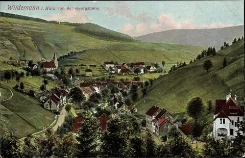 Ak Wildemann Clausthal Zellerfeld im Oberharz, Ort von der Georgshöhe aus gesehen, Kirche