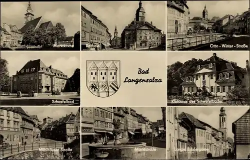 Ak Bad Langensalza in Thüringen, Marktkirche, Schwefelbad, Rathaus, Klubhaus, Lange Brüdergasse