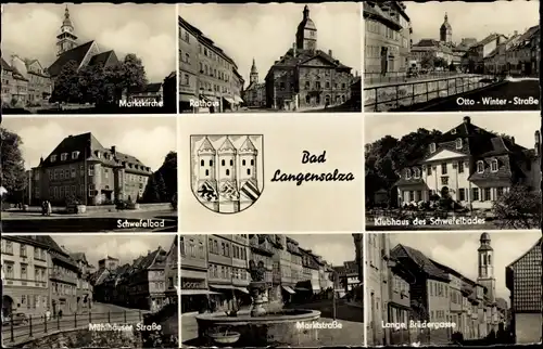 Ak Bad Langensalza in Thüringen, Marktkirche, Schwefelbad, Rathaus, Klubhaus, Lange Brüdergasse