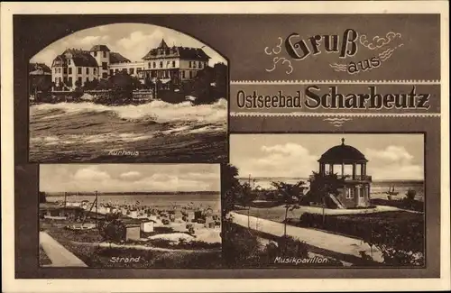 Ak Ostseebad Scharbeutz in Holstein, Kurhaus, Strand, Musikpavillon