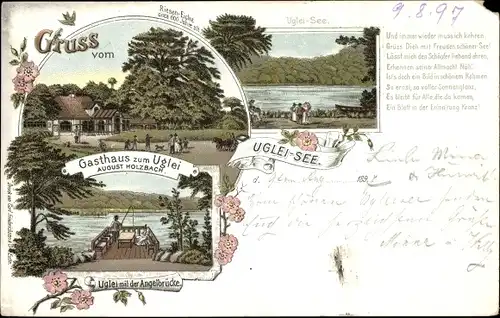 Litho Eutin in Ostholstein, Ukleisee, Uglei See, Gasthaus zum Uglei, Angelbrücke, Gedicht