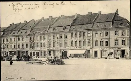 Ak Krosno Odrzańskie Crossen Oder Ostbrandenburg, Markt, Hotel Drei Kronen, Geschäfte
