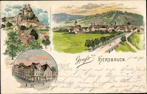 Litho Hersbruck in Mittelfranken, Gesamtansicht, Michelsberg, Hohenstein, Gasthaus